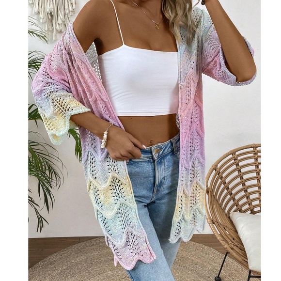 Vibrant Ombre Lightweight 1/2 Sleeve Open Front Cardigan - Picture 13 of 17